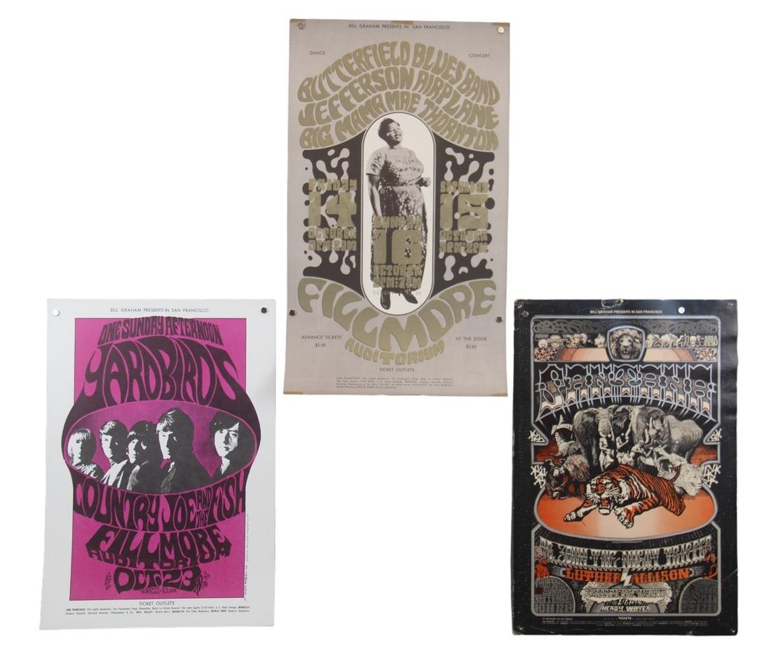 (3) Bill Graham Fillmore Concert Posters: Includes: (1) Bill Graham series BG-31, Fillmore Auditorium 10/14-10/16, 1966. Performers included: The Paul Butterfield Blues Band, Jefferson Airplane, and Big Mama Thornton. Artwork by Wes Wilson. P