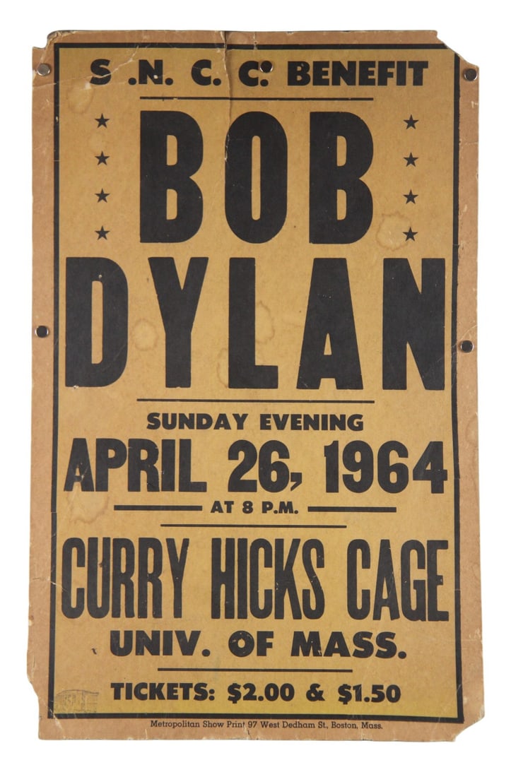 Bob Dylan 1964 Cardboard SNCC Concert Poster: Bob Dylan Concert Poster, April 26, 1964, Cardboard, "SNCC Benefit," Curry Hicks Cage, Univ. of Mass, Metropolitan Show Print, Boston MA, approx 15" x 23.5," stains, edge wear, paper loss in corners,