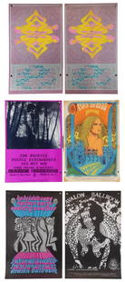 (6) Family Dog Avalon Ballroom Concert Posters: Includes: (1) Family Dog series FD-120, Avalon Ballroom 5/24-5/26, 1968. Performers included: The Youngbloods, Kaleidoscope, and Hour Glass. Artwork by John Thompson. Approx. 13-5/8" x 19-7/8". Poster