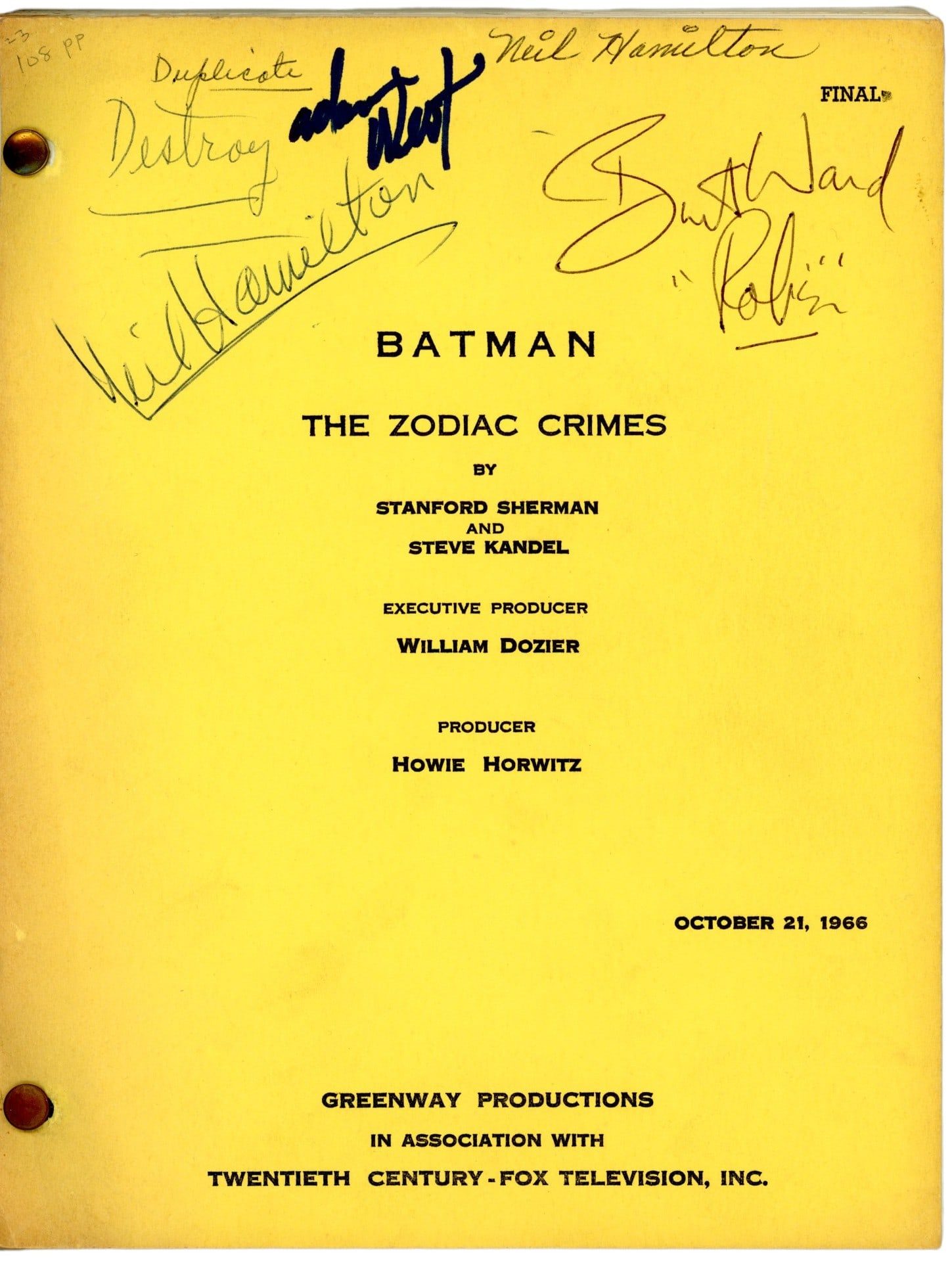 Batman Neil Hamilton Personal Cast Signed Script (1 of 1)