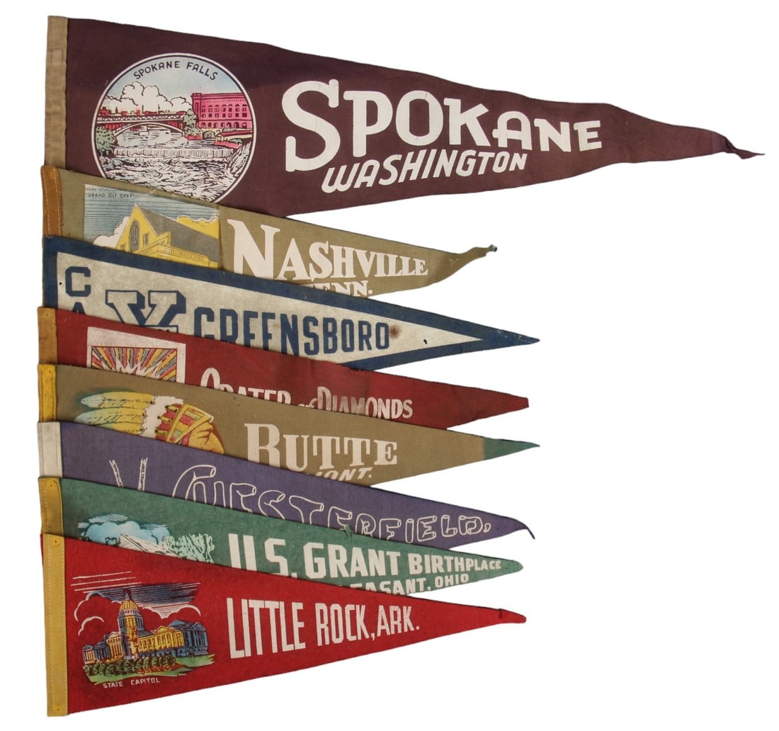 Lot of (8) Vintage States Related Pennants: Includes Little Rock, Ark, U.S. Grant Birthplace, Pt. Pleasant, OH, Winky's Chesterfield, NH, Butte, Mont, Crater of Diamonds, Arkansas, Greensboro, Nashville, TN, and Spokane, WA. All pennants are ap