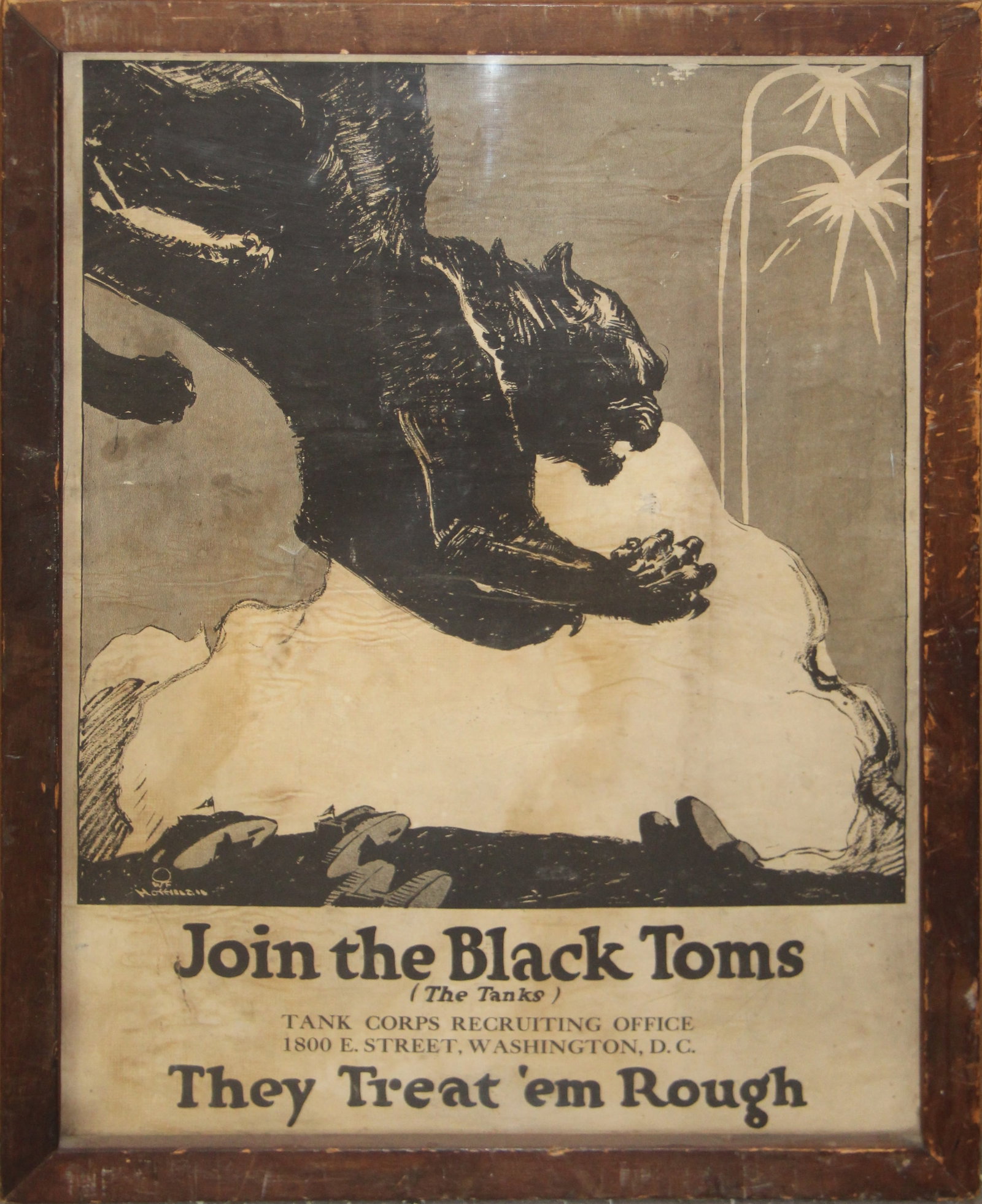 WWI Join the Black Toms Poster Tank Corps: WWI Army Tank Corp Recruiting Poster "Join the Black Toms". Framed. Some staining, creasing and small tears. Frame size approx. 25 3/4'' x 19 1/4''.