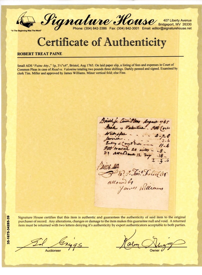 Robert Treat Paine Signed 1765 Paper Slip (1 of 1)