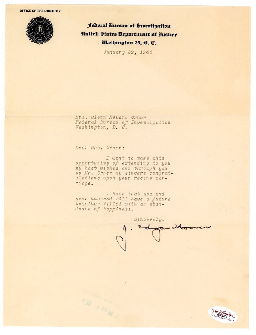 J. Edgar Hoover, Typed Letter Signed (1 of 2)