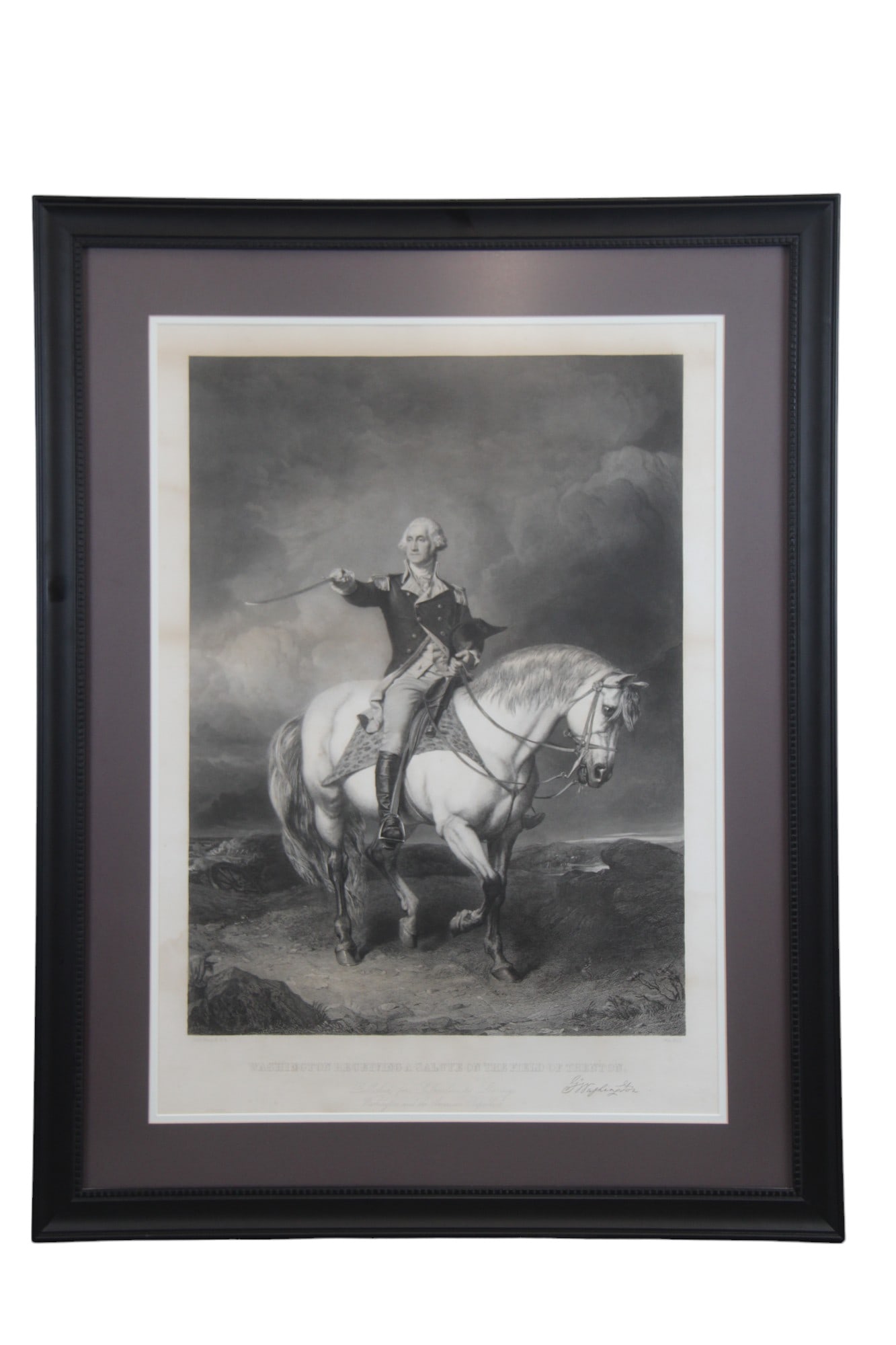 George Washington Salute at Trenton, Engraving: Engraving by William Holl after the painting by John Faed, RSA, "Washington Receiving a Salute on the Field of Trenton". Matted and framed. Sight seen approx. 19-1/2" x 27-1/2", overall frame size app