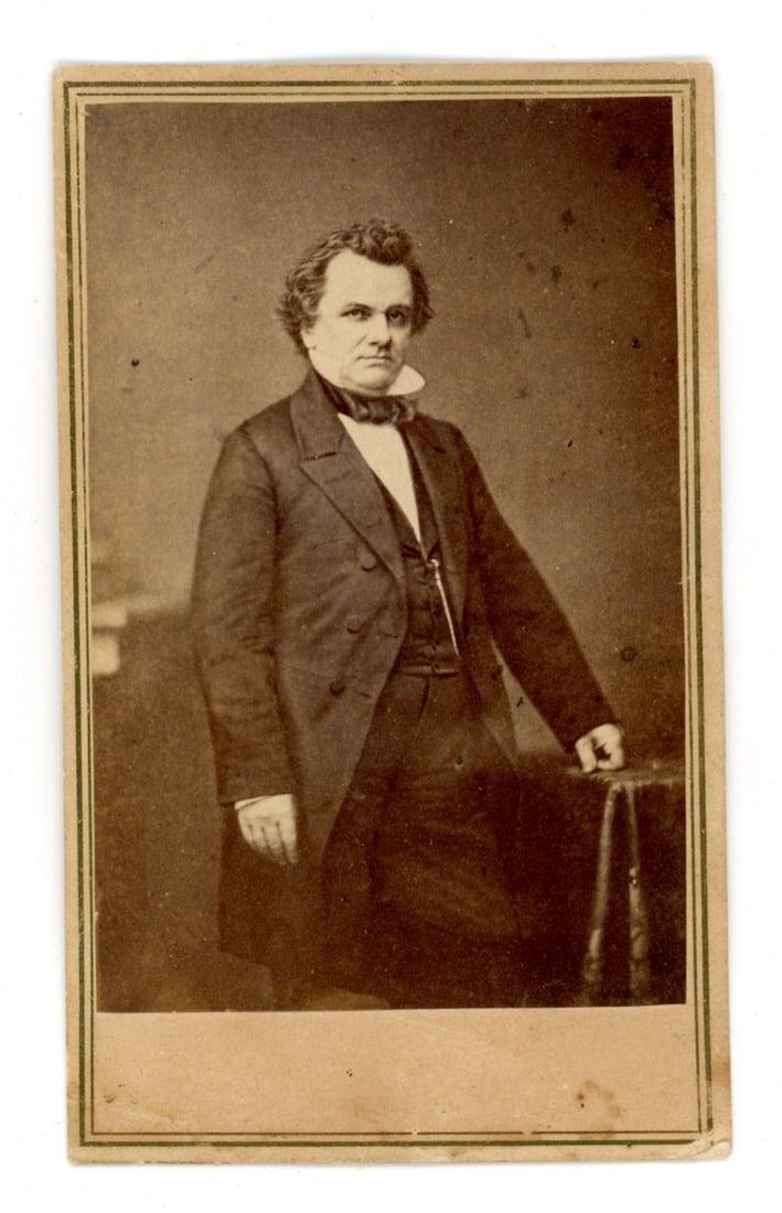 CDV of Stephen Douglas: Standing image of Stephen Douglas dressed in a three piece suit. Published by E. & H.T. Anthony, New York. Overall approx. 2.5" x 4".