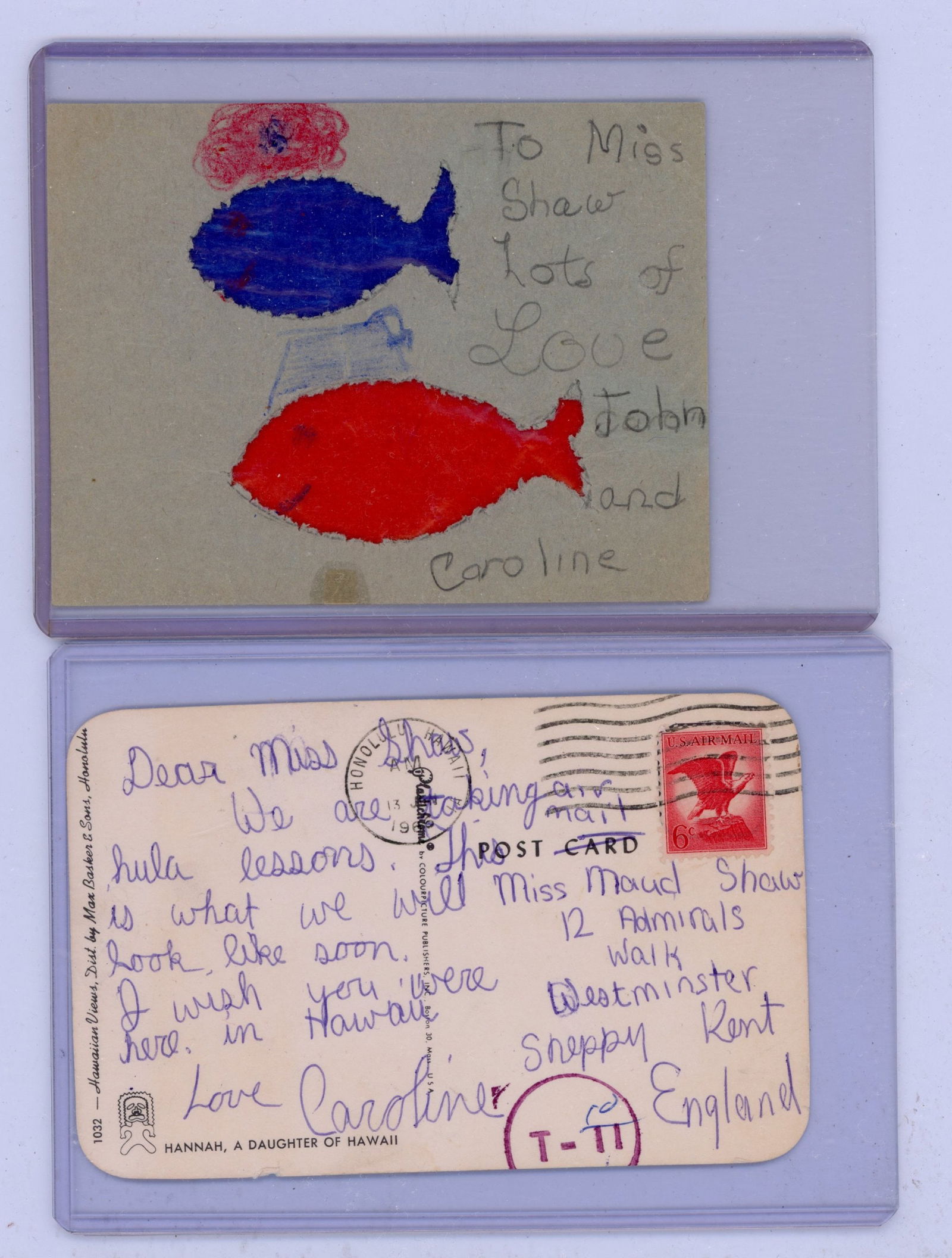 Caroline Kennedy Childhood Letters to Maud Shaw: Offered are a grouping of childhood related letters from Caroline Kennedy to Maud Shaw who was the White House nanny that helped raise Caroline and John Jr. Includes a fish card which reads "To Miss S