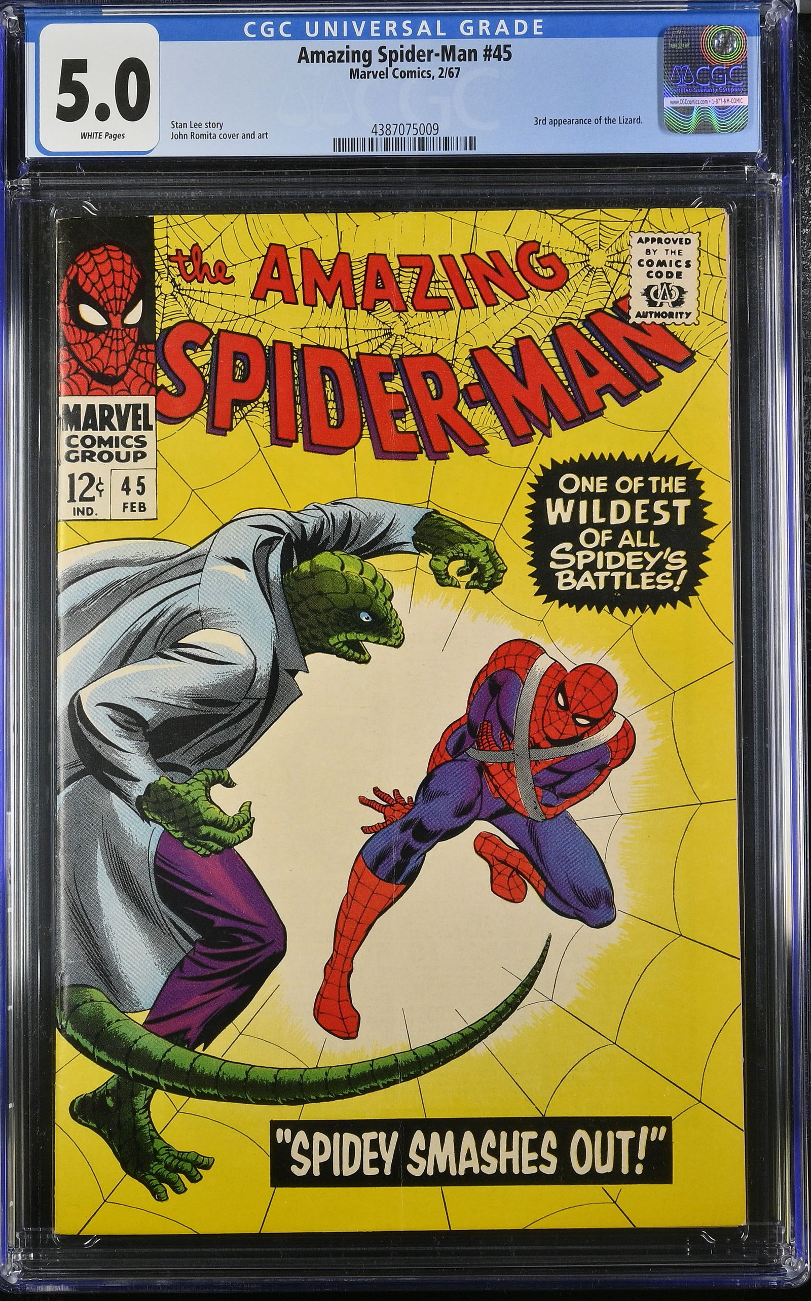 Amazing Spider-Man #45 2/67 CGC 5.0: 3rd appearance of the Lizard. Stan Lee story. John Romita cover and art. CGC # 4387075009
