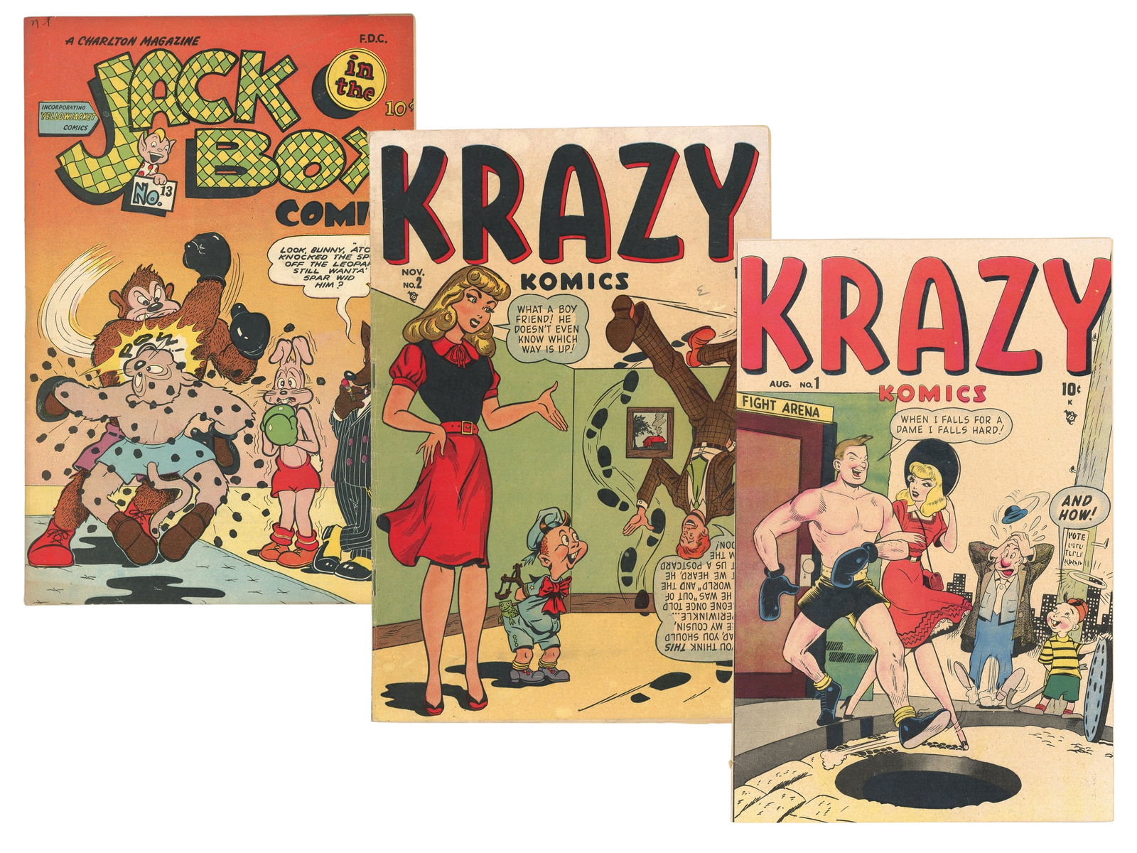 (3) Krazy Komics and Jack in the Box Comics: Includes Krazy Komics Series 2 (1948) Issues 1 and 2 as well as Jack in the Box Comics Issues 13. All feature artwork from Basil Wolverton. Issues overall appears FN.From the Cliff Collection, a lifet