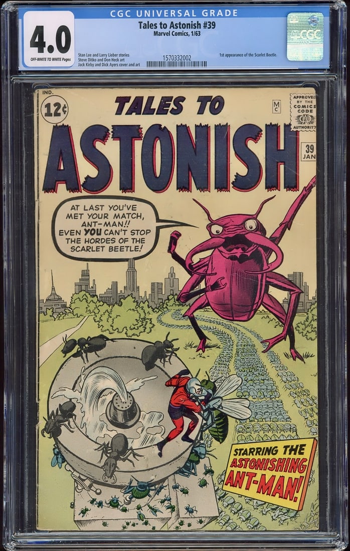 Tales to Astonish #39 1/63 CGC 4.0: 1st appearance of the Scarlet Beetle. Stan Lee and Larry Lieber stories. Steve Ditko and Don Heck art. Jack Kirby and Dick Ayers cover and art.CGC # 1570332002