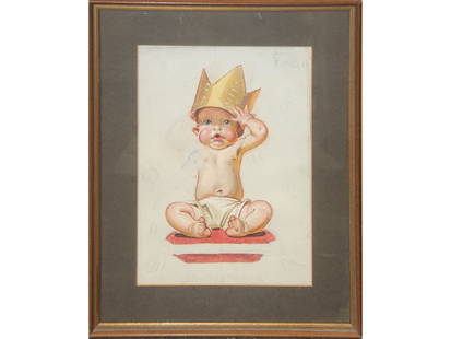 J. C. Leyendecker (1874 - 1951) Oil Study: Original Oil Study of a Baby. Oil and Pencil on Canvas. Baby with a Crown on his head. 9 1/2" x 13 1/2". The piece was purchased at Illustration house in 1981.Wonderful work is unsigned.