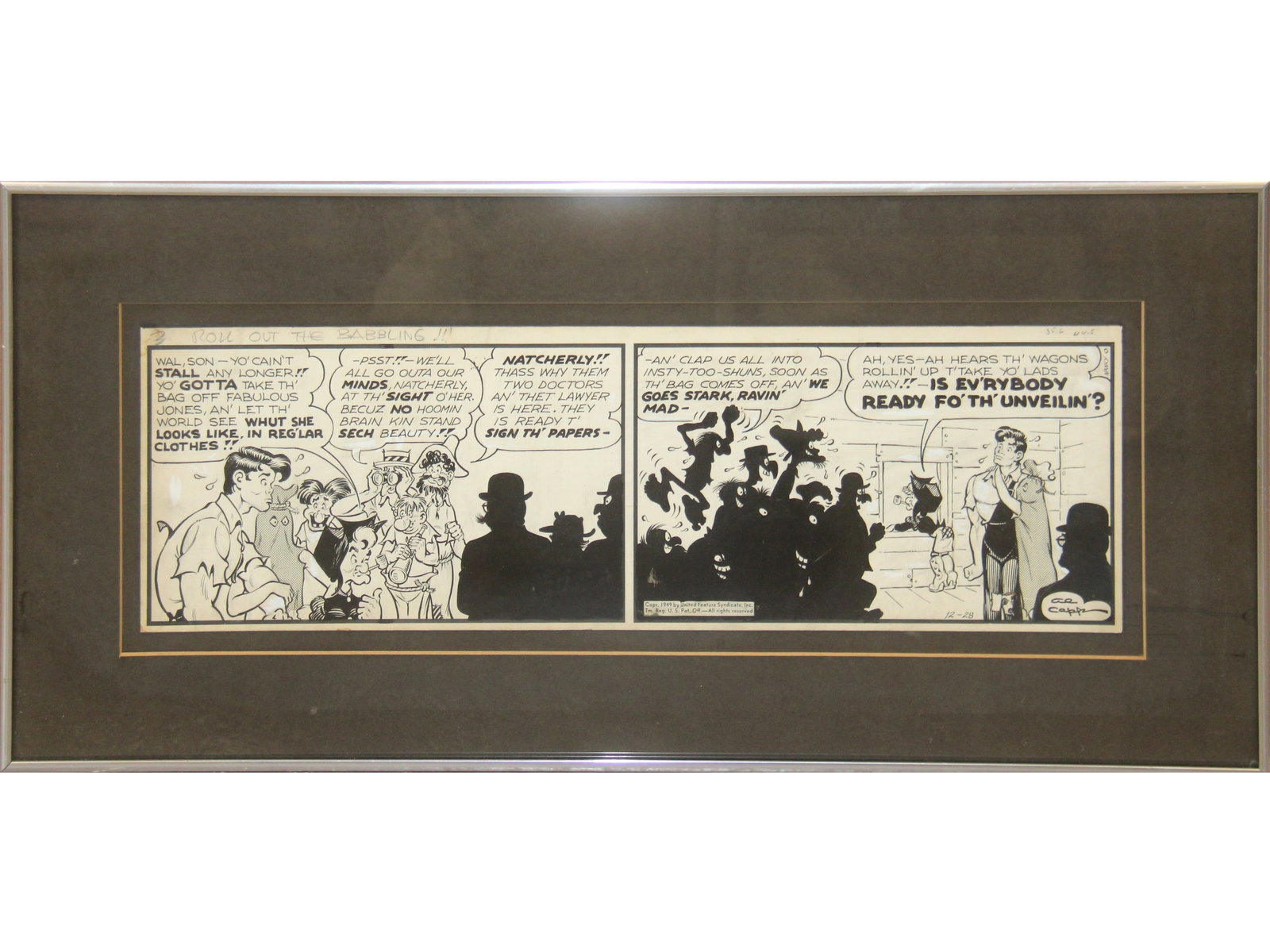 Al Capp Original Lil Abner Daily 1949: 12-28-1949 Two panel 6 3/4" x 22 3/4" daily features Abner, Mammy and "Fabulous Jones".