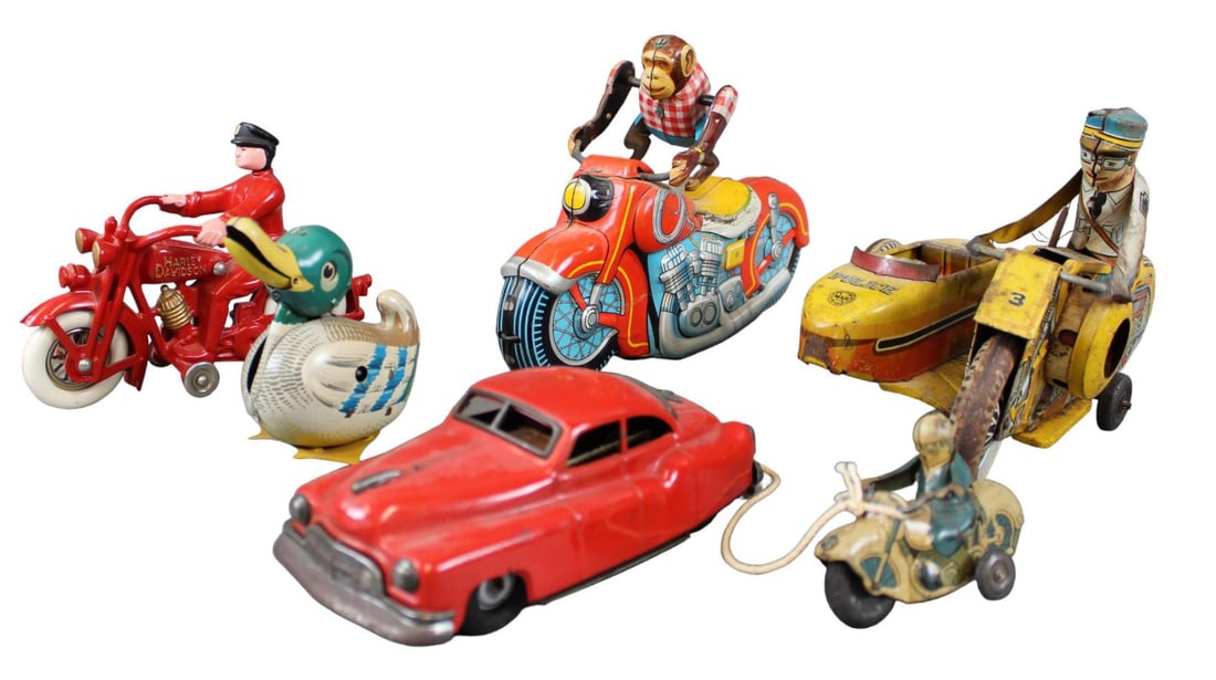 (5) Tin Litho & Cast Iron Motorcycle Toys (1 of 2)