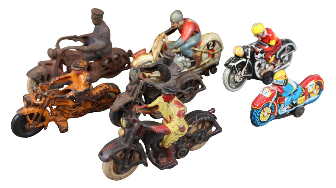 (5) Tin Litho & Cast Iron Motorcycle Toys (1 of 2)
