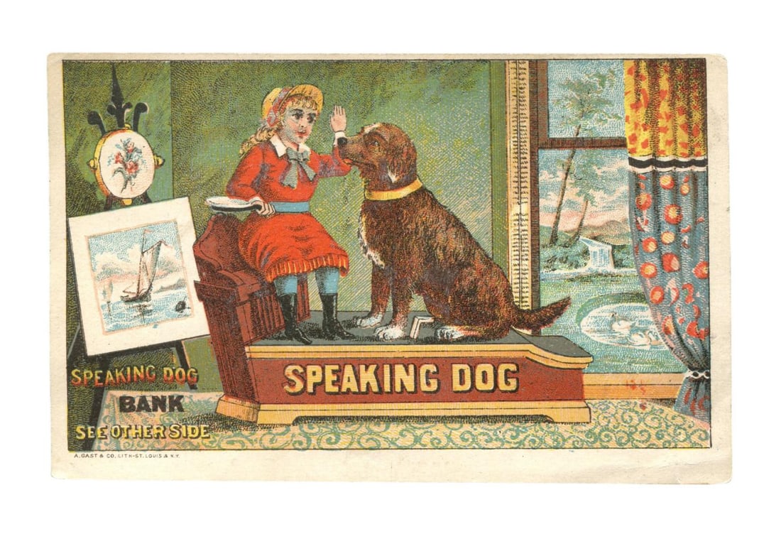 Speaking Dog Mechanical Bank trade Card: 3 1/2" x 5" Selchow & Righter Back.