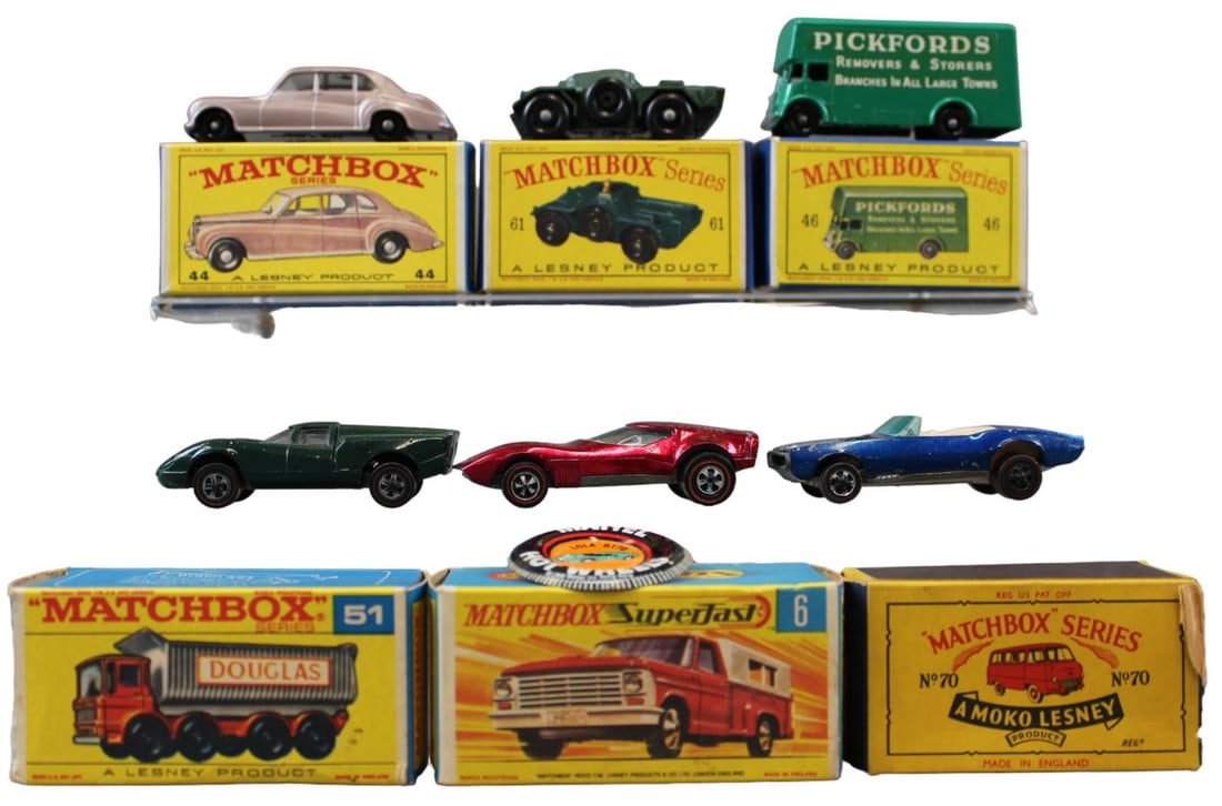 Miscellaneous Matchbox & Hotwheels Vehicle Lot: Includes (3) loose Hot Wheels (Custom Firebird, Lola GT70, and Torero), boxed Matchbox 61 Army Scout Car, 44 Rolls Royce Phantom V, 46 Pickfords Removal Van, and empty boxes for Superfast 6 Ford Picku