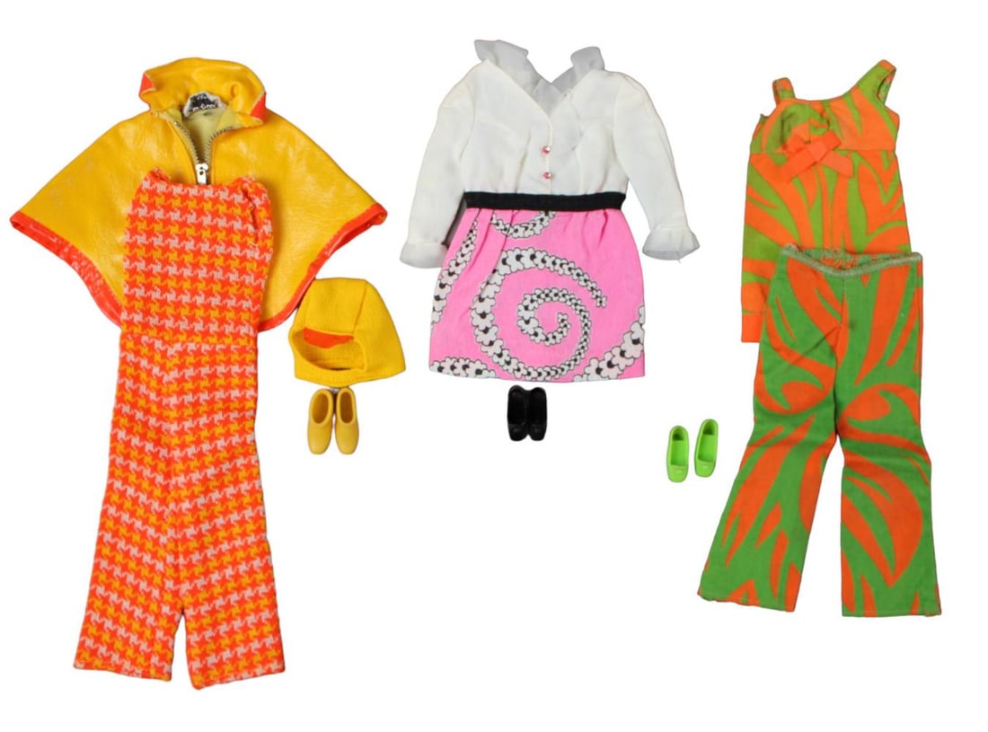 Vintage Barbie Fashions Bundle Lot: All complete fashion outfits. Includes #3411 "Poncho Put-On" (1972), #1863 "Pretty Power" (1969), and #3402 "Two Way Tiger" (1971).