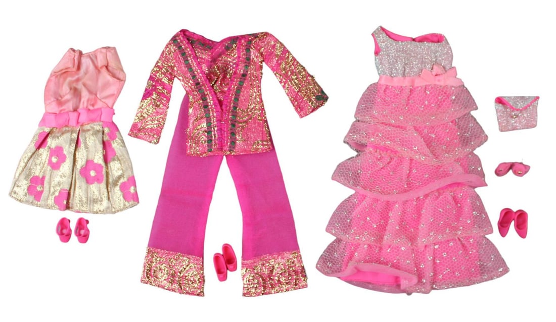 Vintage Barbie Fashions Bundle Lot: All complete fashion outfits. Includes #1871 "Romantic Ruffles" (1969) with hard to find earrings and purse, #1786 "Bright N Brocade" (1970-71), and #3404 "Glowin Out" (1971-72).