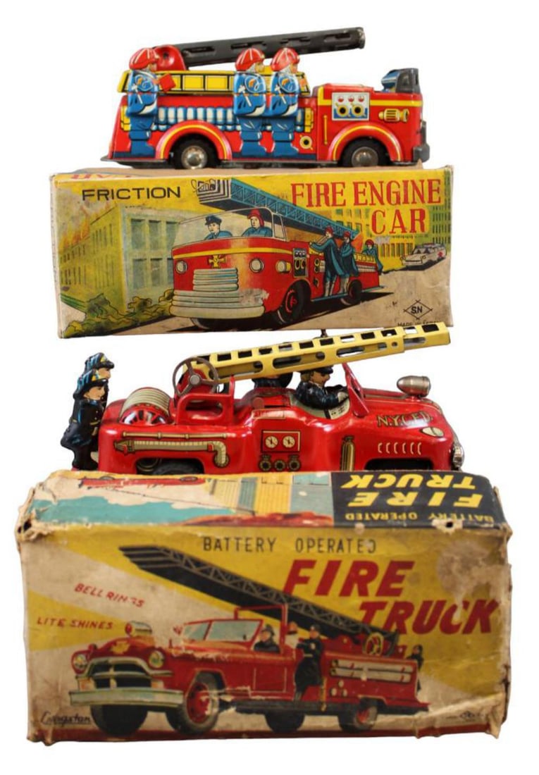 (2) Boxed Tin Lithographed Toy Fire Engine Trucks (1 of 7)