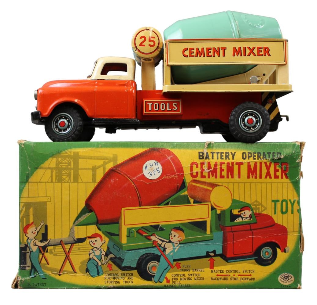 Boxed Battery Operated Tin Litho Cement Mixer: (MT Modern Toys, Japan) Approx. 10" long. Untested. Shows little playwear with light surface scuffs and scratches. Comes in the original box which has edge/corner wear, light tears, creases, scuffing,