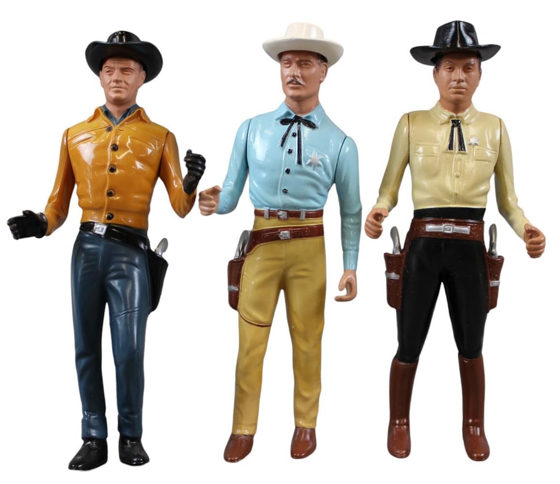 (3) Hartland Gunfighters, Unboxed: Lot of (3) Original Hartland Gunfighters. Includes Dan Troop, Jim Hardie, and Clay Hollister. Each figure includes hat and gun. Unsure if hats and guns are original. Each figure has light playwear.