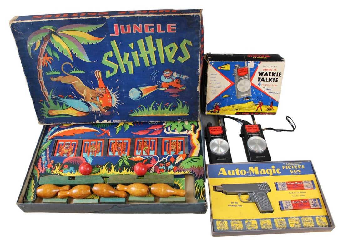 Boxed Toy & Game Lot: 3 pieces. Includes boxed set of Gemini IX Walkie Talkies (untested), boxed Auto Magic Picture Gun and Theatre with films, boxed Jungle Skittles bowling game. All show playwear and all boxes also show 