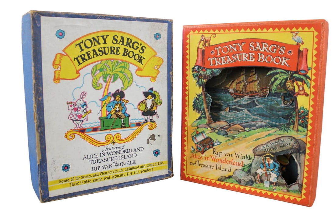 1942 Tony Sarg's Treasure Book: Featuring Alice in Wonderland, Treasure Island, and Rip Wan Winkle, copyright 1942, B.F. Jay. Illustrated in color, including moveable parts and three dimensional scenery, color pictorial labels. Inte