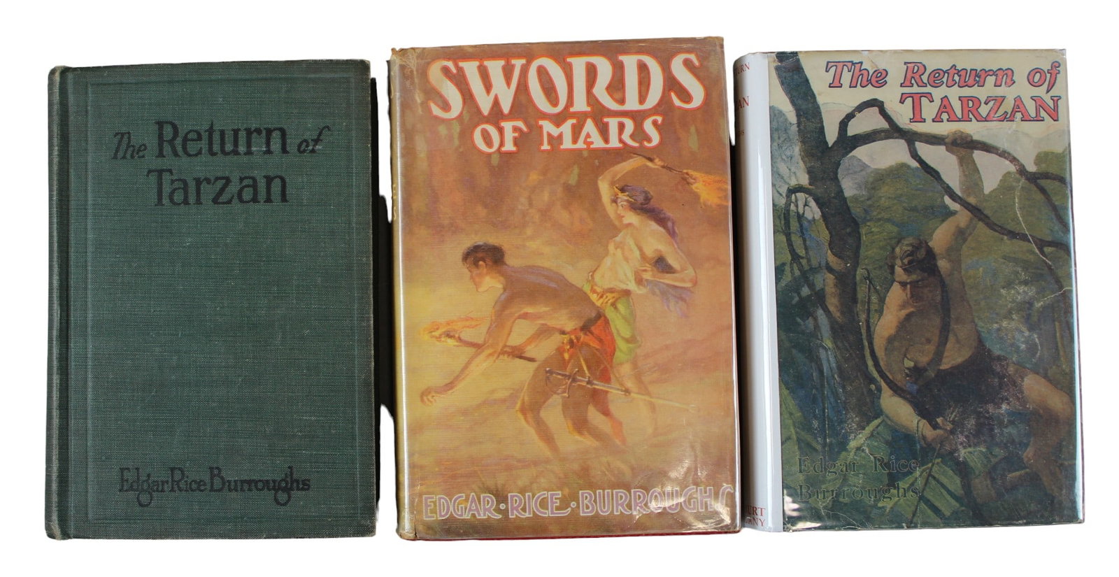 E.R. Burroughs. Lot of (3) Volumes: Swords of Mars DJ Tarzana 1936 Red Cloth & Two Copies of The Return of Tarzan both A.L. Burt Publishing 1915, one with a facsimile dust jacket.