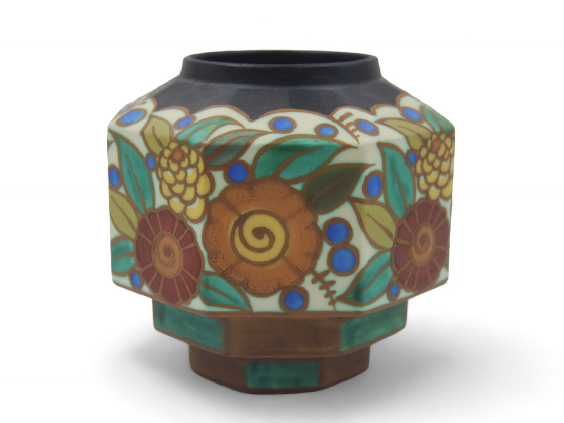 Boch Freres Octagonal Vase: Boch Freres Keramis Belgian octagonal vase with floral decoration. Approximately 5 3/4'' tall.