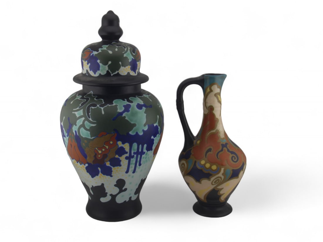 Lot of (2). Urn & Pitcher: W. B. Gouda Picher 8 3/4" and Covered Urn 12 1/2" Tall.