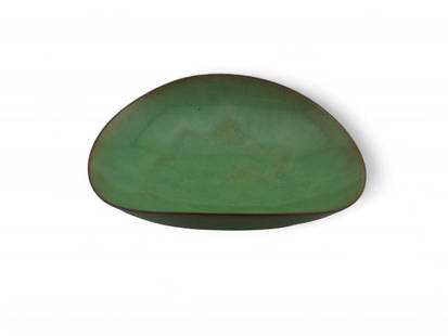 Otto & Gertrud Natzler Ceramic Folded Low Bowl: Otto Natzler ceramic folded low bowl with a green glaze. Measures approx. 4 3/4'' wide, 4'' deep, and 1 3/8'' tall. Signed on the base Natzler.