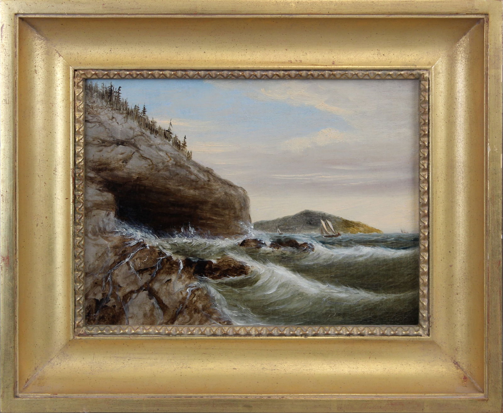 Clement Drew, O/C "Rocky Seascape" Marine Painting: Oil on canvas painting by Clement Drew (Mass, 1806-1889). Does not appear to be signed on the front, however faintly signed and dated on the verso. Great image of a Rocky Coast. Image size seen approx