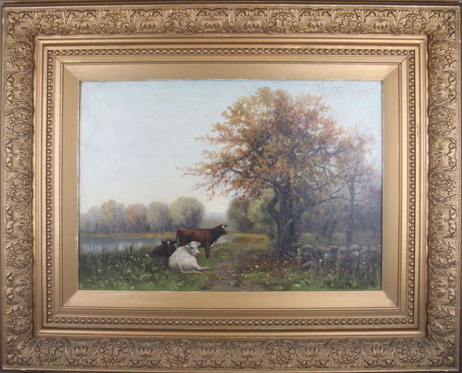 Pastoral Landscape with Cows, O/C Signed H.I. King (1 of 4)