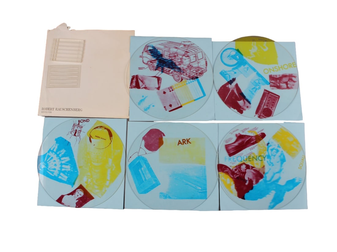 Robert Rauschenberg, Revolver, 1970: Multiples, Inc. NY 1970, From the Artists & Photographs Portfolio. Plexiglass multiple comprised of five disks screenprinted in colors, with accompanying stand. Each disk has a diameter of 9". Comes i