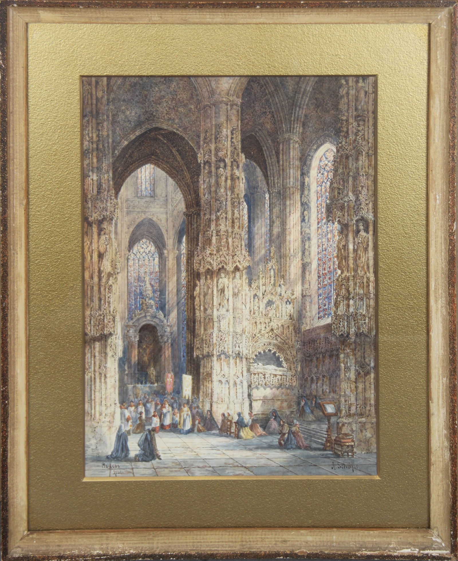 Henry Thomas Schafer, Watercolor on Paper: Offered is a watercolor on paper by Henry Thomas Schafer (United Kingdom, 1854-1915), signed lower right. Wonderful gothic detail depicting the Interior of Cathedral - Burcos, Spain. Image size seen a