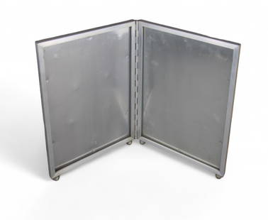Palmer Smith Aluminum Double Picture Frame: Circa 1920's. Hinged center, signed twice with impressed manufacturer's marks to reverse "Palmer Smith", and impressed "329D". Each side holds a 9" x 12" photo. Shows some surface wear with scuffs and