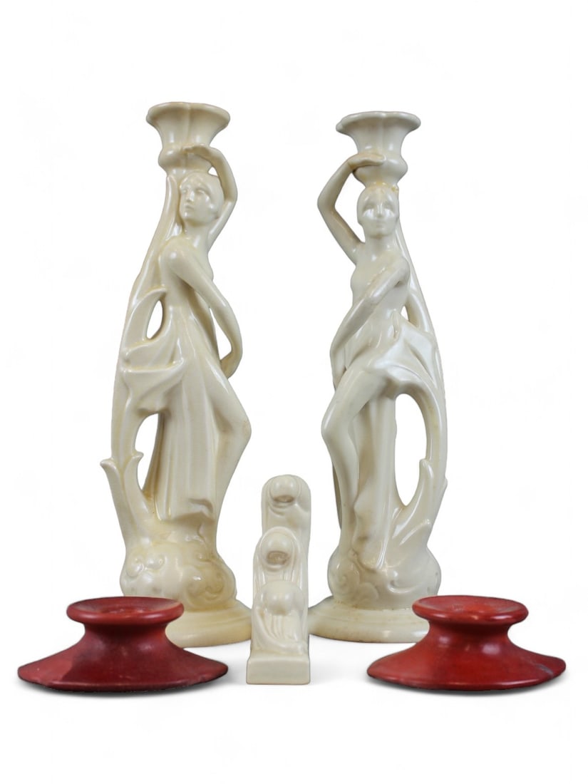Cowan Pottery Candlesticks Lot: Includes pair of semi-nude female figures, approx. 12" tall, one is broken and crudely glue repaired, also includes small pair of red candlesticks, approx. 1-1/2" and 4" grouping of standing/kneeling/