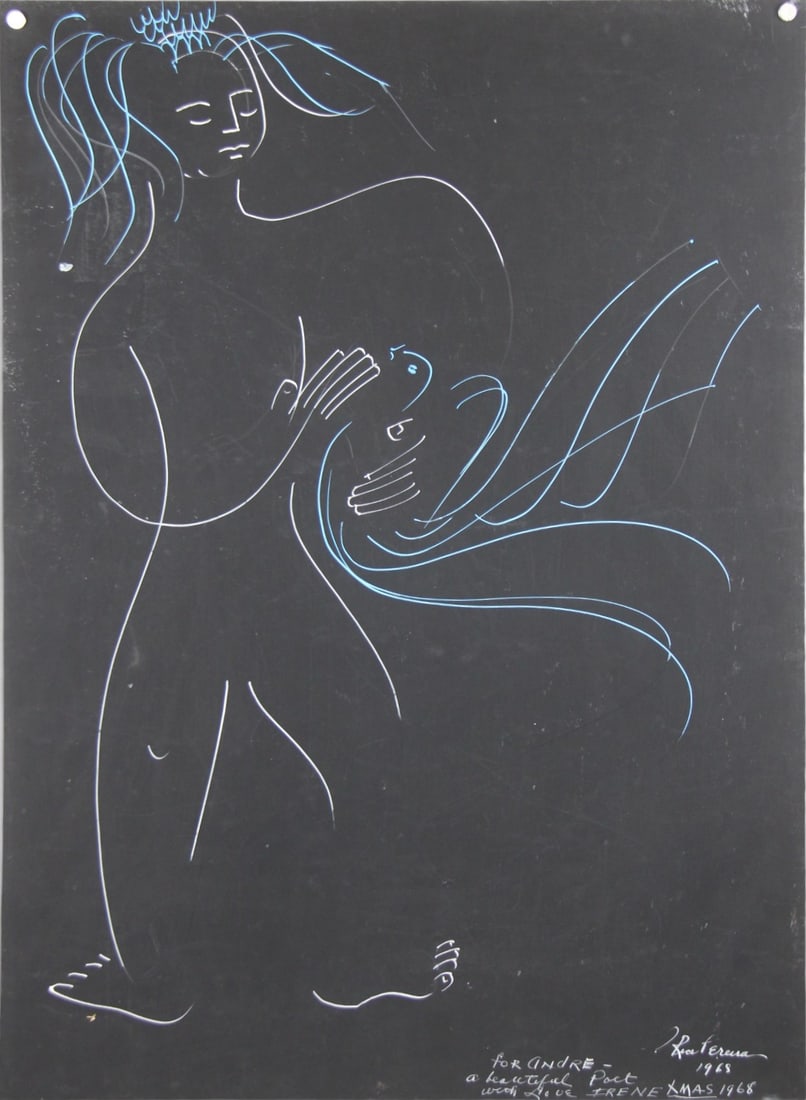 Irene Rice Pereira, Ink on Paper, Signed: Offered is an ink on paper by Irene Rice Pereira (American, 1902-1971). White and blue ink on black paper, signed lower right, dated 1968, and dedicated with inscription "For Andre - A Beautiful Poet 