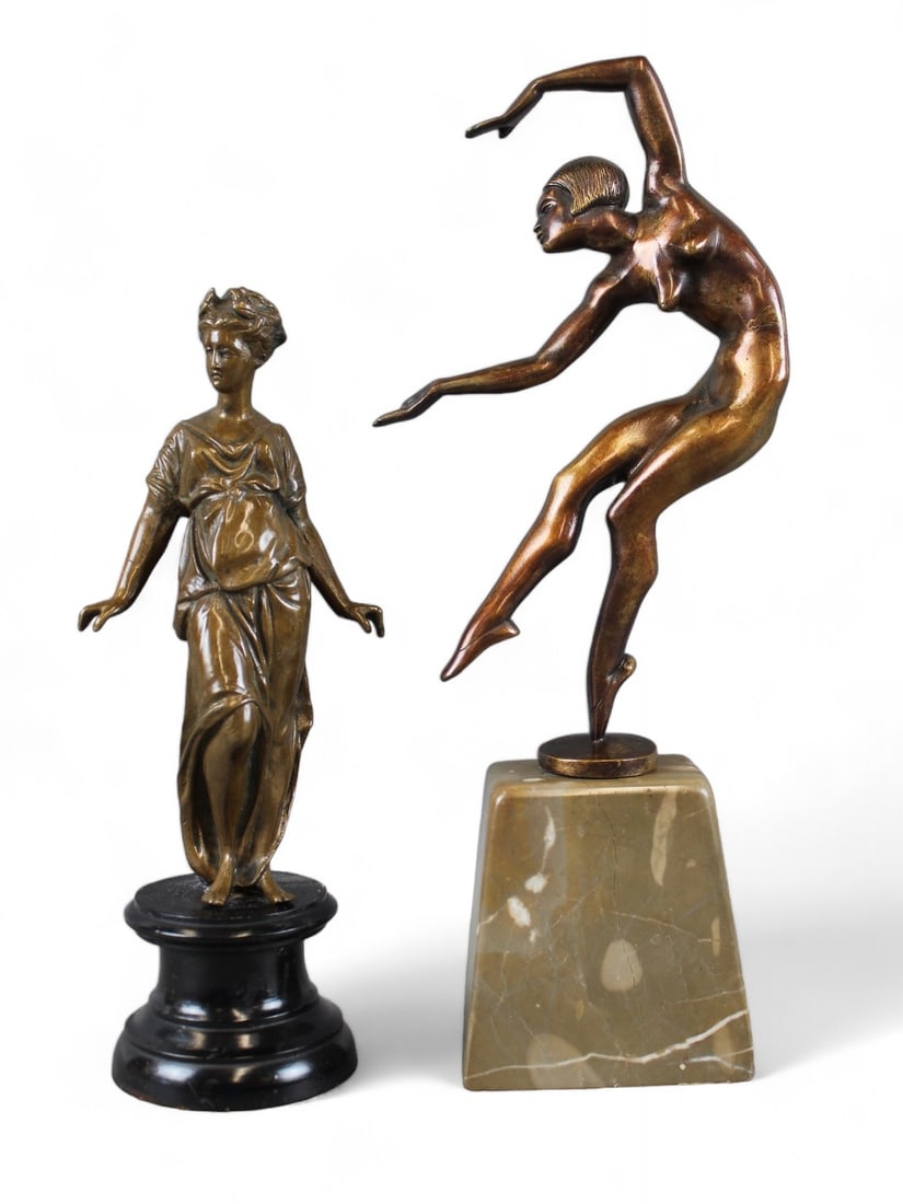 Lot of (2) Bronze Sculptures, Nude Dancer & Woman: Includes a Bronze nude dancer sculpture on marble base (overall 15" tall), and bronze woman on wood plinth (overall 12" tall). Woman is broken off plinth and bottom shows signs of previous glue spots.