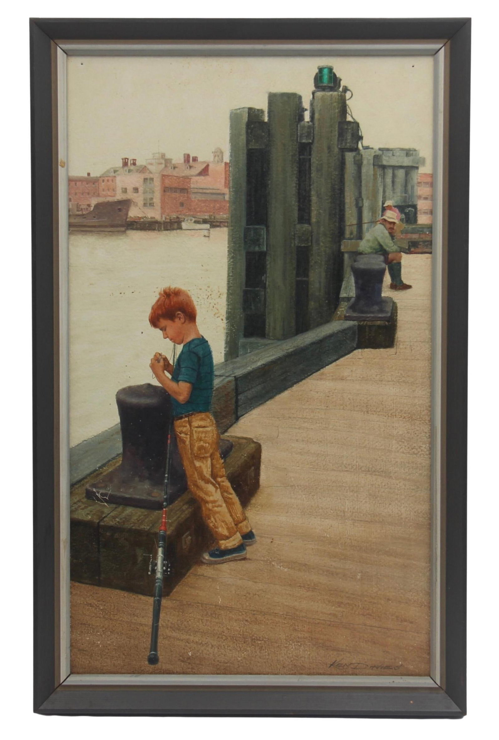 Kenneth Davies, Mixed Media on Board, "Fishing": Offered is a mixed media on board painting by Kenneth Southworth Davies (American, 1925-2017). Great image of a young boy putting a weight on his fishing rod. Signed lower right edge. Sight seen appro