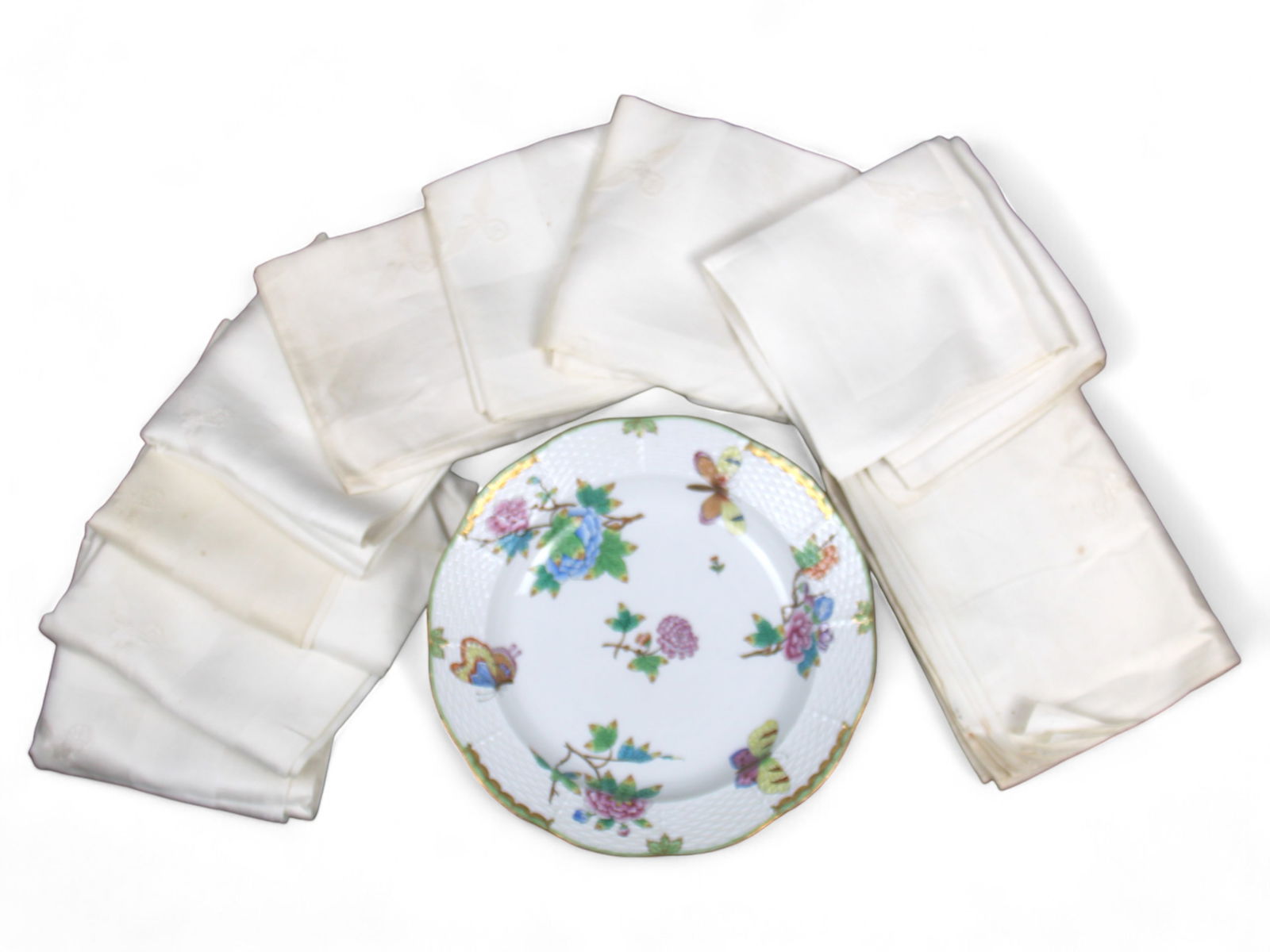 Berchtesgaden Recovered Herend Bowl & Table Cloth: Berchtesdagen recovered items including Herend bowl marked with Nazi Eagle and various cloth napkins and table settings, 9 pieces, each embroidered with the Nazi eagle. Some light staining to some of