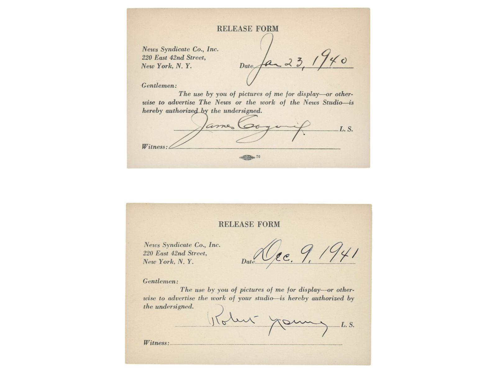 (2) Signed Actor Release Forms Cagney/Young - JSA (1 of 2)