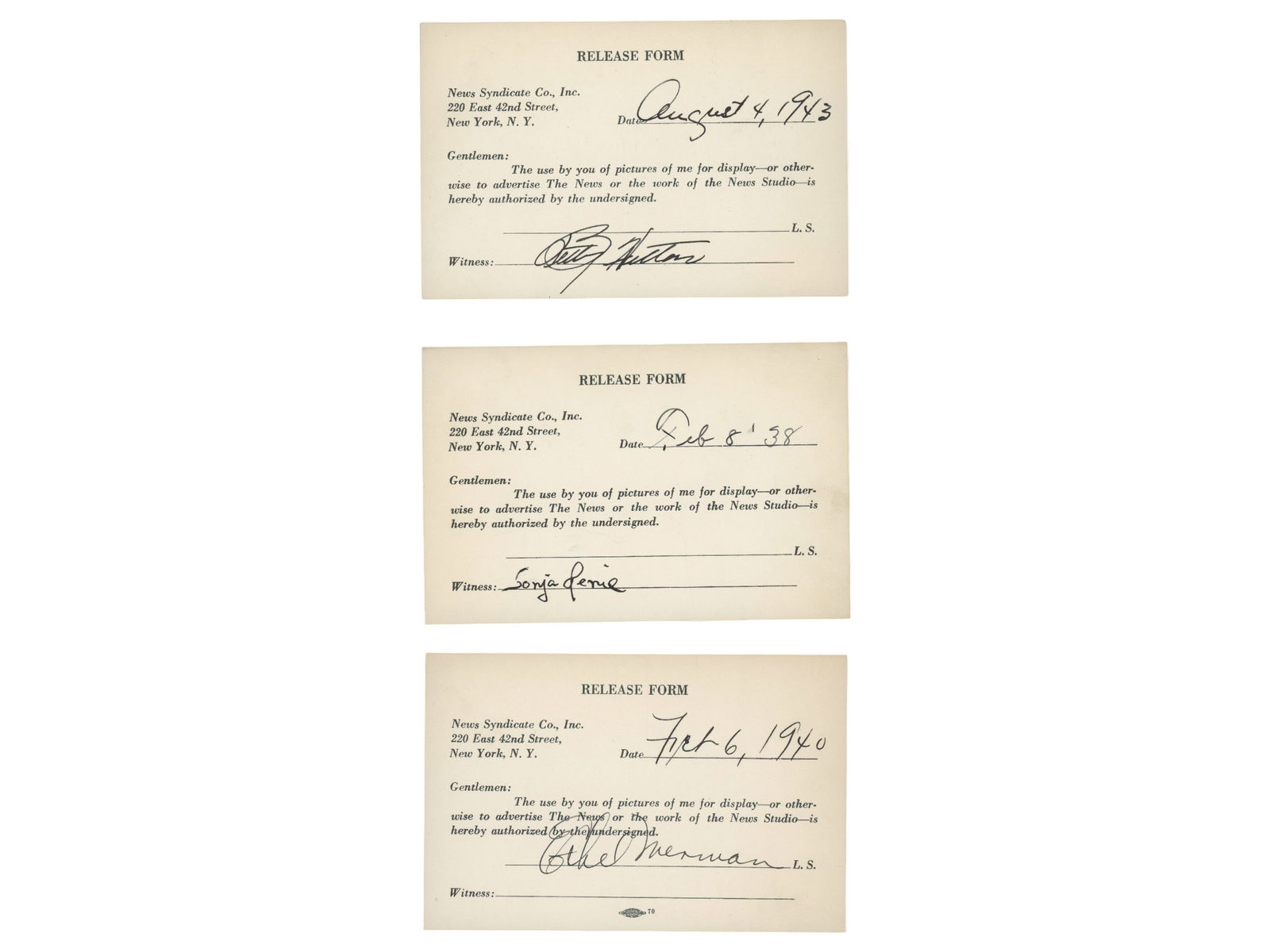 (3) 1930's/40's Signed Actress Release Forms - JSA (1 of 2)