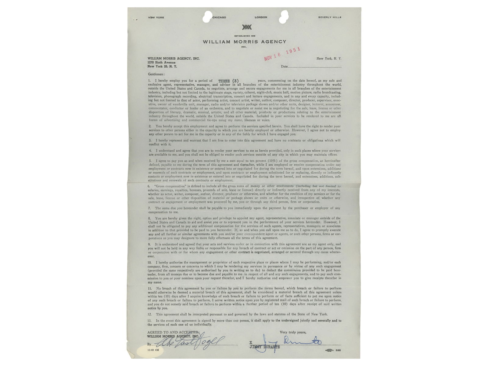 Jimmy Durante Signed William Morris Contract - JSA (1 of 4)