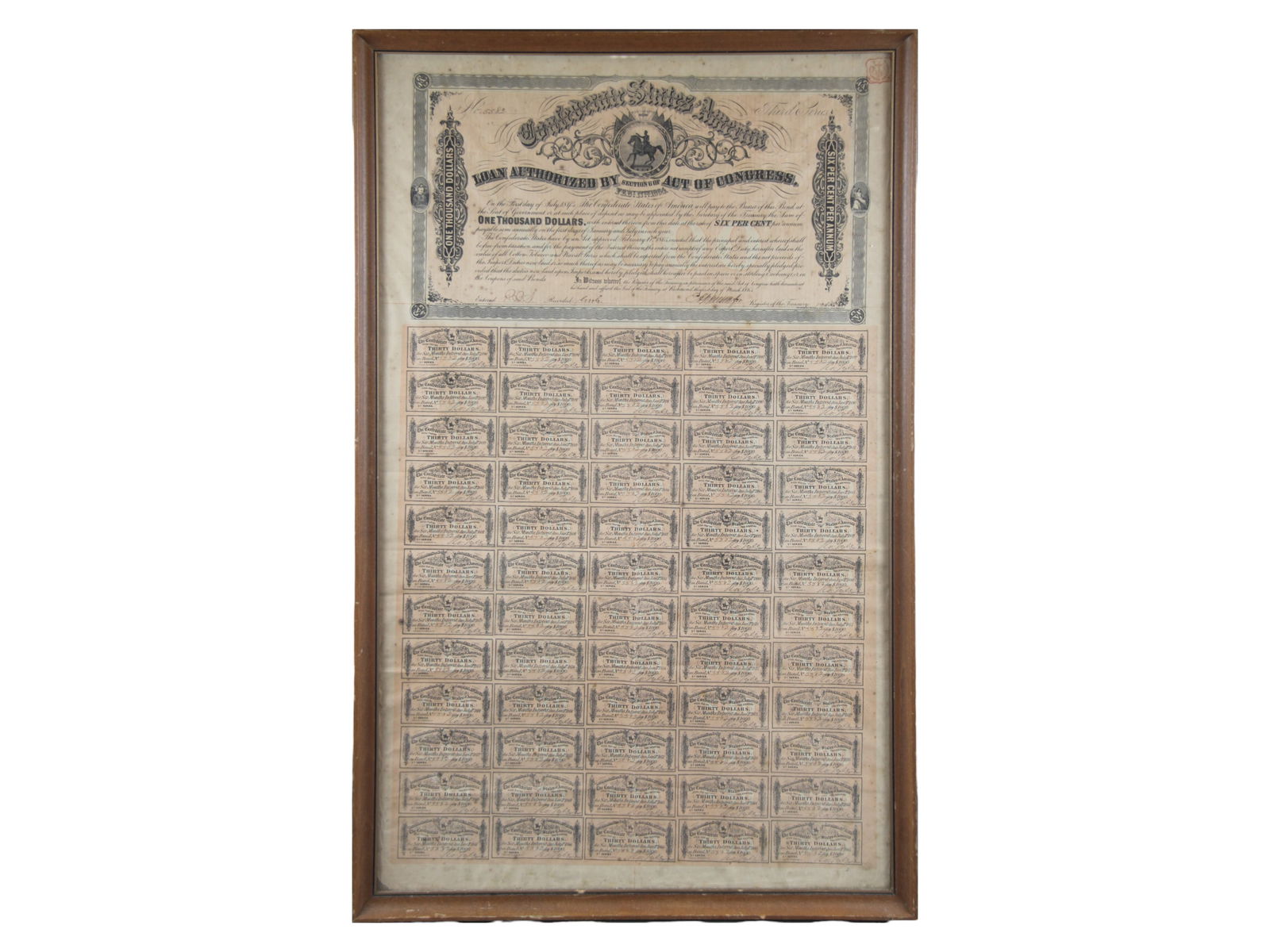 1864 $1000 CSA Confederate Bond w/60 Coupons: Confederate 1864 $1000 Bond complete with all 60 coupons. Red CSA Seal. Framed. Overall size approx. 18" x 29". Shows some wear,