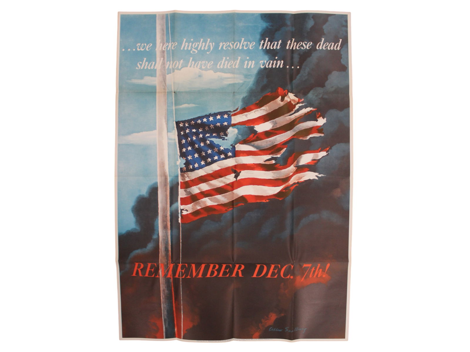 Remember Dec 7th Pearl Harbor World War II Poster: Original World War II, Pearl Harbor "Remember Dec. 7th!" Poster by Allen R. Saalburg, 1942. OWI Poster No.14, U.S. Government Printing Office 1942-O-491977. Approx. 28" x 40". Poster has original mail