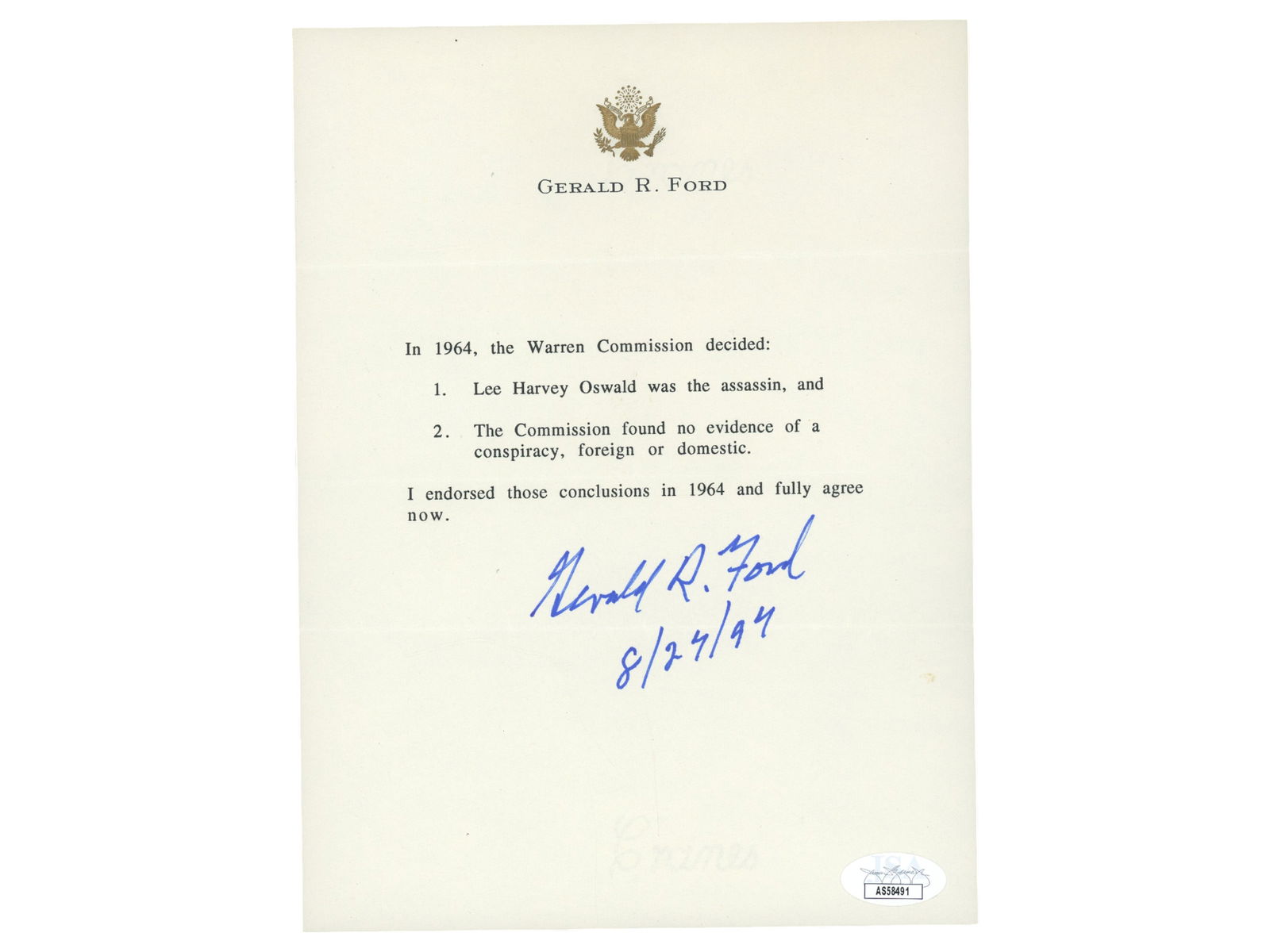 Gerald Ford Signed Typed Warren Commission Letter (1 of 1)