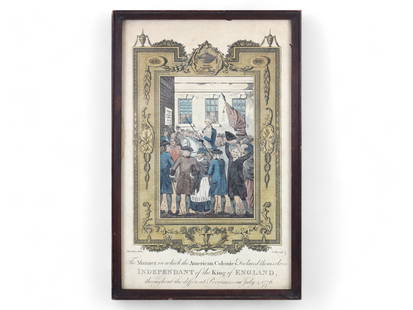 Hamilton Rev War Independence Colored Engraving: Post-Revolutionary War colored (appears hand colored) engraving, ca. 1783, by Hugh Douglas Hamilton, of "The Manner in which the American Colonies Declared Themselves Independent of the King of Englan