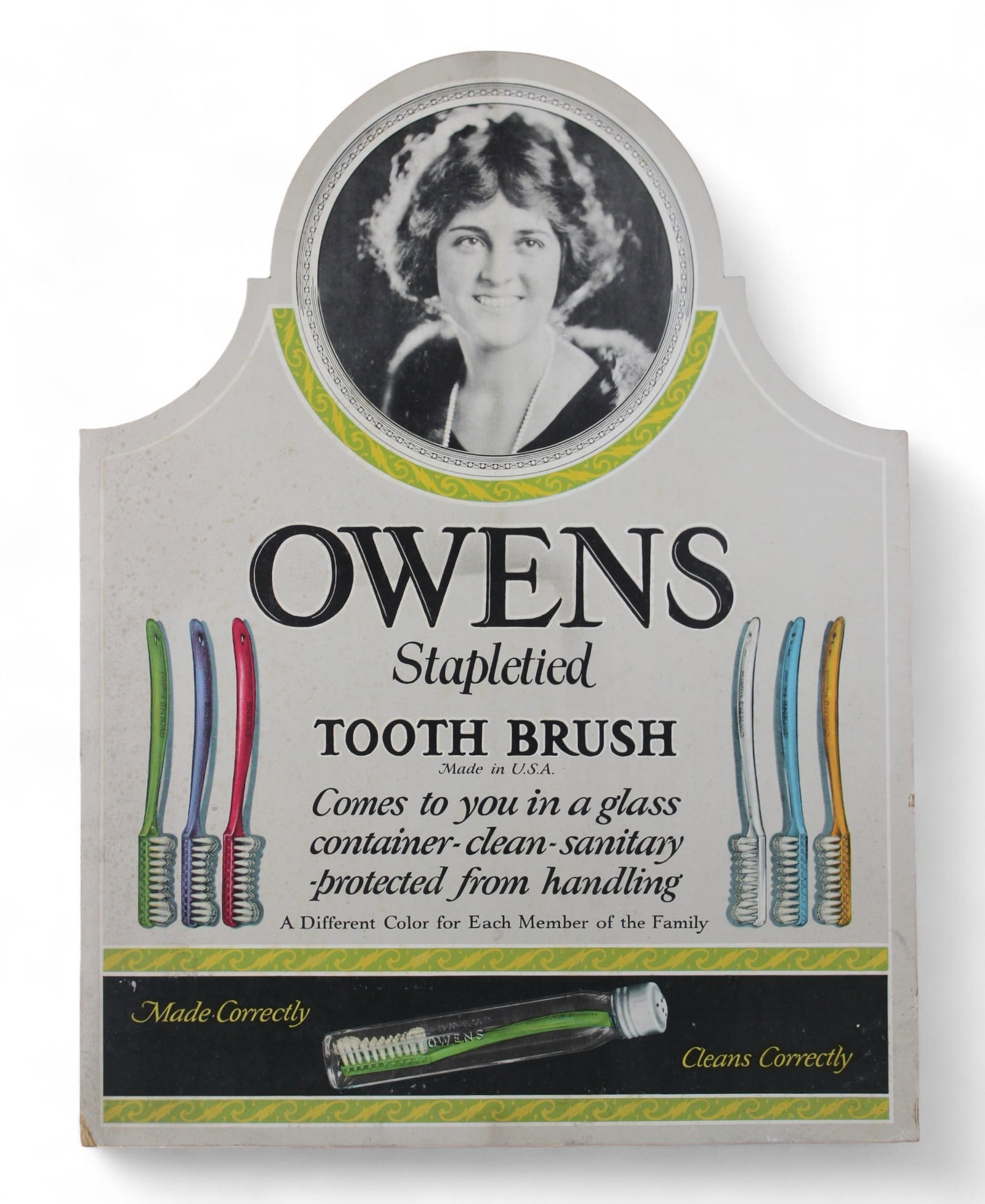 Vintage OWENS Tooth Brush Cardboard Sign: Original cardboard advertising sign with easel back. Approx. 21-1/2" x 16-3/8". Sign has some surface wear with staining spots along the left edge. Shows edge and corner wear. See images.