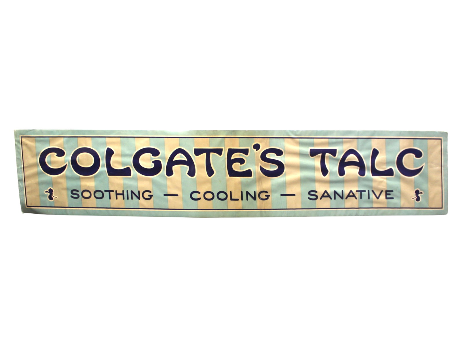 5 Foot Colgate's Talc Powder Advertising Sign: Offered is a 5 foot long, paper advertising sign for "Colgate's Talc" baby powder. Sign is 5 feet long x 10" high. Light edge/corner wear and surface wear. There is a horizontal fold crease in the cen